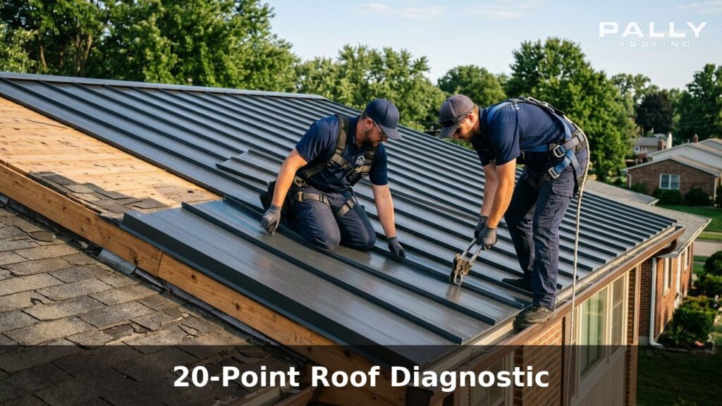 Pally Roofing crew installing standing seam metal roof panels on a residential home in Garrettsville, Ohio