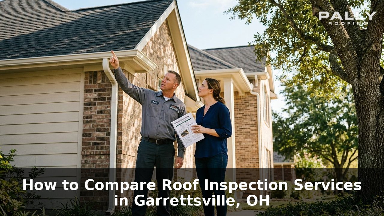 Pally Roofing professional discussing roof inspection findings with a homeowner in Garrettsville, OH while reviewing an inspection report