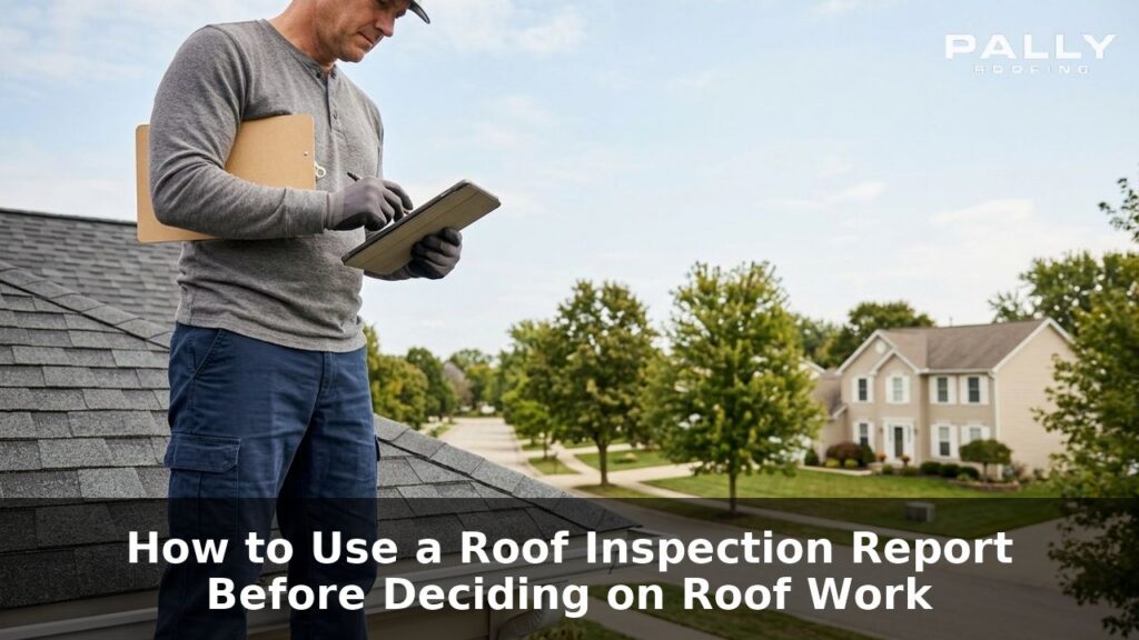 Pally Roofing inspector reviewing roof condition report and inspection photos beside a residential roof in Garrettsville, OH, 20-point checklist
