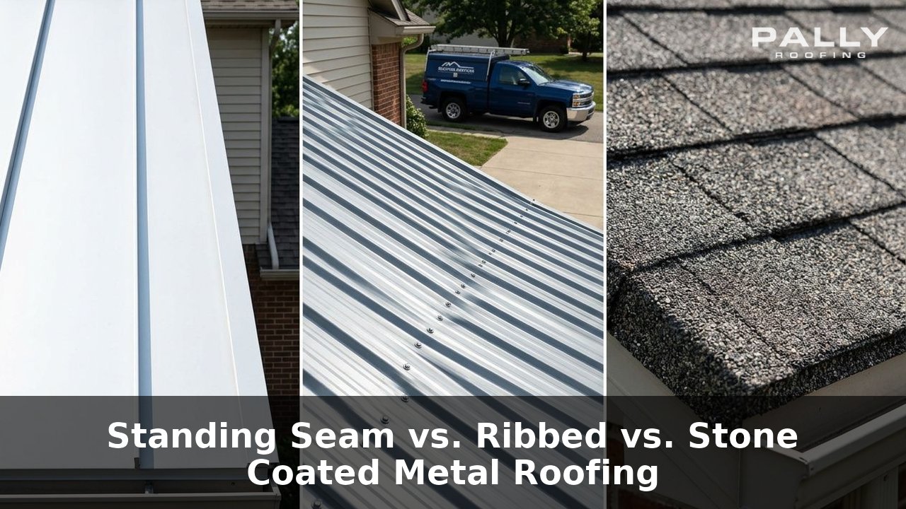 Side-by-side comparison of standing seam, ribbed, and stone coated metal roofing on Ohio homes with a Pally Roofing vehicle in the background, Garrettsville OH.