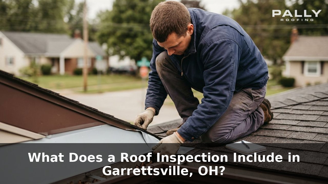 Pally Roofing professional conducting a roof inspection on a residential home in Garrettsville, OH, using a clipboard checklist, wide landscape view