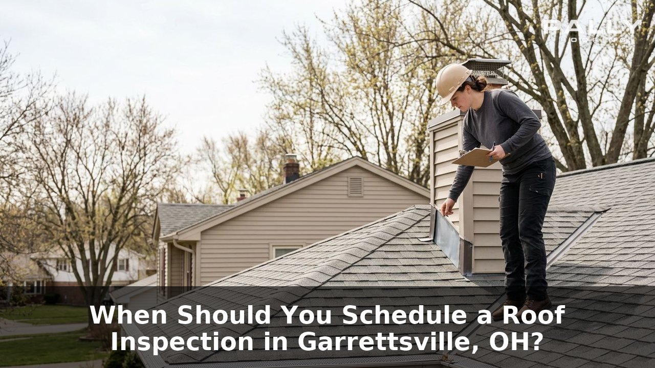 Pally Roofing inspector reviewing asphalt shingles with clipboard during a professional roof inspection in Garrettsville, OH, natural daylight