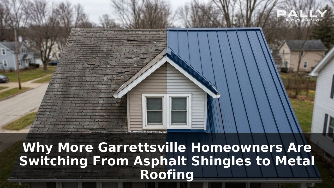 Side-by-side comparison of worn asphalt shingle roof and new standing seam metal roof on Ohio home, installed by Pally Roofing in Garrettsville