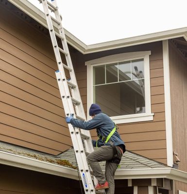 gutter cleaning professional climbing ladder to clean gutters
